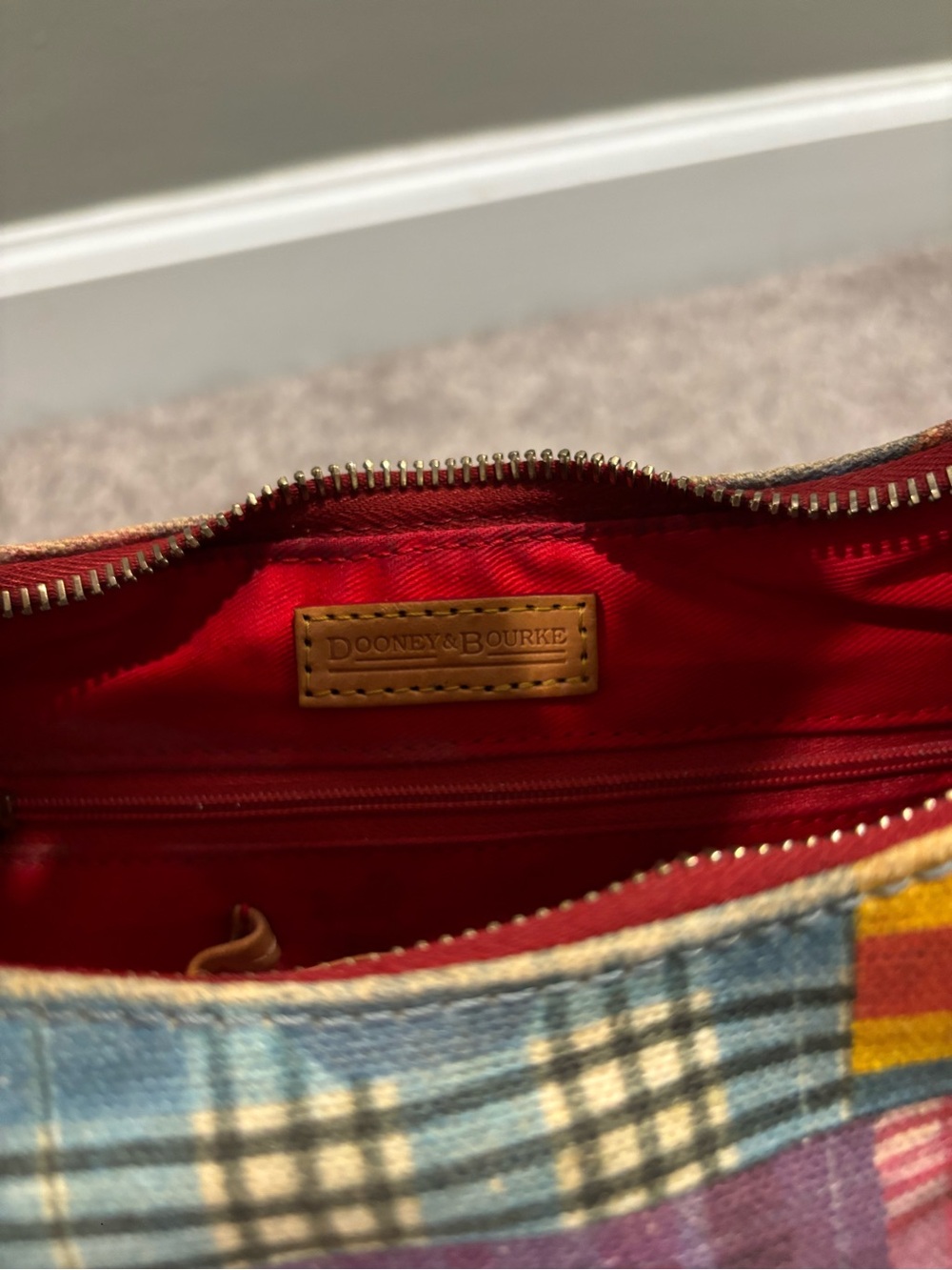 Vintage Dooney & Bourke Madras Picnic Ants Plaid Leather Shoulder Bag - Picture 6 of 9